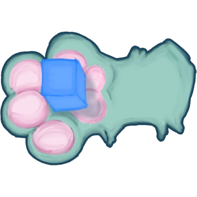 a teal paw with pink paw pads holding a blue square